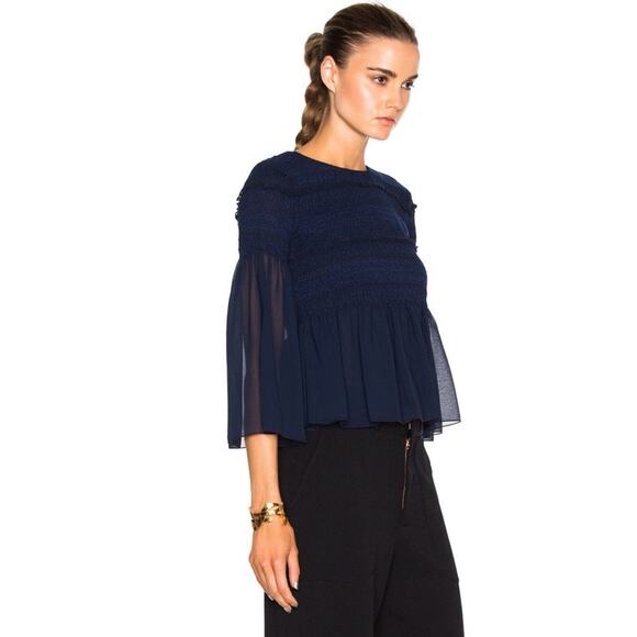 See By Chloe Dark Navy Peasant Top Sheer Sleeves Smocked Bodice Boho Sz 4 - Picture 10 of 13